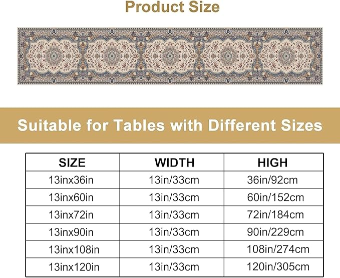 Boho Bohemia Style Table Runner, Vintage Blue Teal Gold Retro Flower Rustic Country Style Floral Print Pattern for Home Kitchen Table Decor Dining Coffee Room Garden Party Decor 13x108in