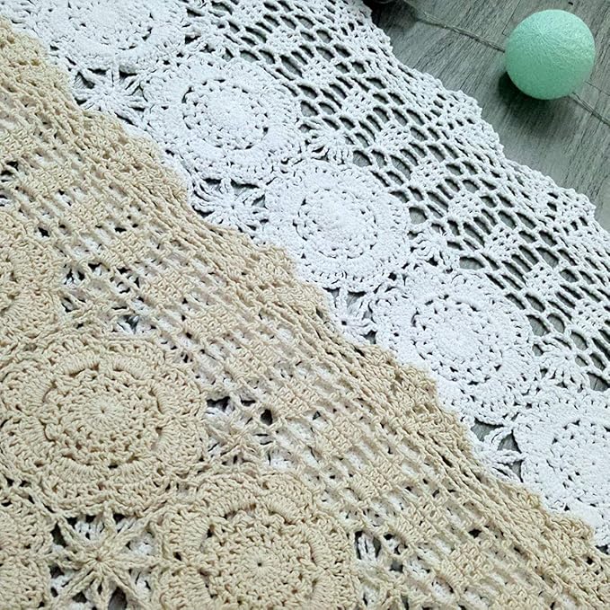 Cotton Handmade Crochet lace Table Runners Rectangular Tablecloth Doilies Doily Table Dresser Scarf Décor,19x35Inch,Beige