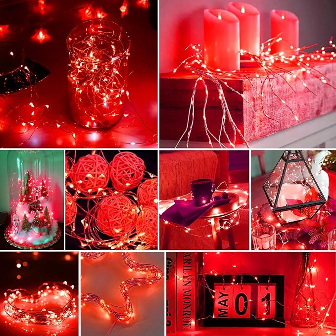 pozzolanas 100 Pack Red Battery Operated String Lights - 7ft Waterproof Fairy Lights with 20 LEDs for Home, Mason Jar, Party, Wedding, Halloween, Christmas Decorations