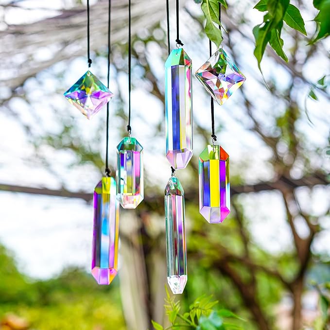 HDCRYSTALGIFTS Set 7 Crystal Sun Catcher Prisms, AB Colored Suncatcher Crystals Indoor Window Hanging Christmas Ornaments Rainbow Maker Prisms for Home Garden Decor