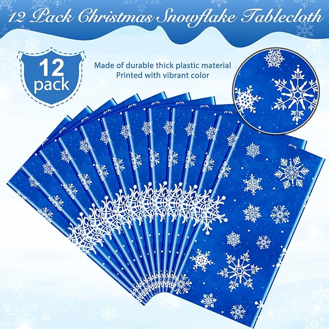 Jectivs 12 Pieces Christmas Snowflake Plastic Party Tablecloth Decorations,White Snowflake Blue Xmas Backdrop Sign Table Cover Banner for Winter Christmas Holiday Party Supplies,54x108 inch (Blue)