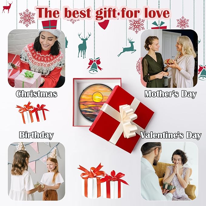 Stained Glass Window Hanging, Orange Sunrise Suncatcher Diamond Glass Panel Hangings Scenery Sun Catchers Decor for Birthday for Women, Men, Wife, Aunt, and Mom 11.8 in