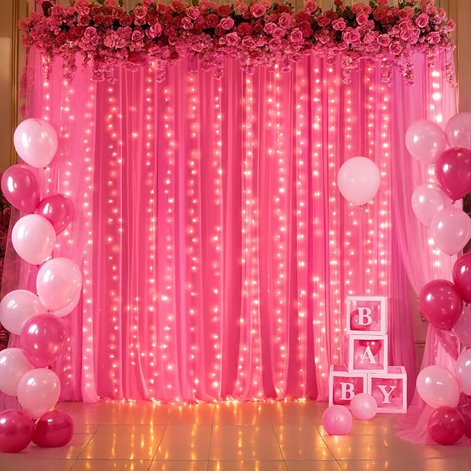 10ft x 10ft Hot Pink Tulle Photo Backdrop Curtain with Lights String for Parties Wedding Sheer Fuchsia Curtain Backdrop for Birthday Party Bridal Shower Photo Booth Photography Background Decorations