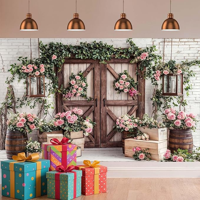 9x6ft Country Wedding Photography Backdrop Floral Rustic Roses Farmhouse Wooden Door Backdrop Pink Flower Birthday Baby Shower Wedding Bridal Party Banner Photo Booth Props Anniversary Background