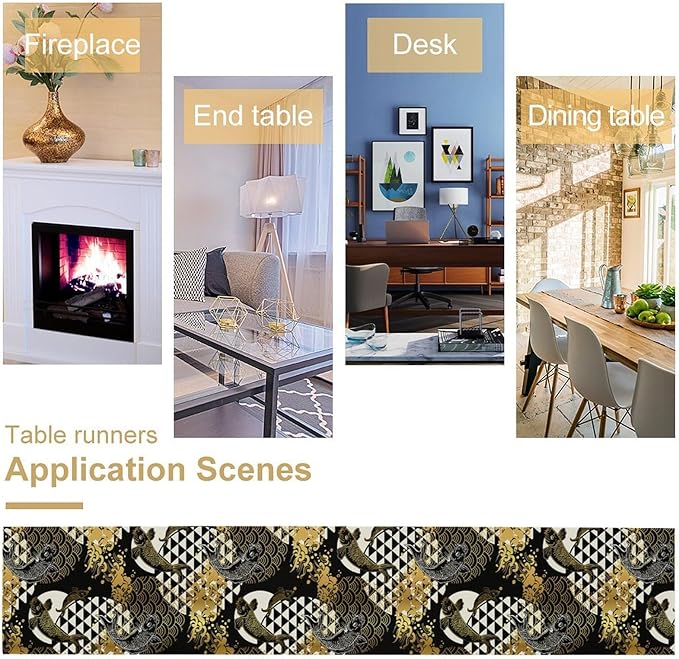 Japanese Table Runner Oriental Tradition Kio Fish Gold Art Printed Burlap Runner Home Kitchen Dining Table Living Room Decor Fabric 1 Panel W13xL108in