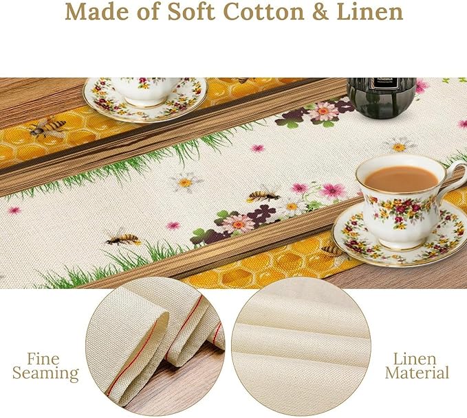 Watercolor Honeycomb Table Runner, Farmhouse Spring Summer Autumn Fall Floral Daisy Bee Print Kitchen Dining Table Decoration for Home Party Decor, 13x108inch