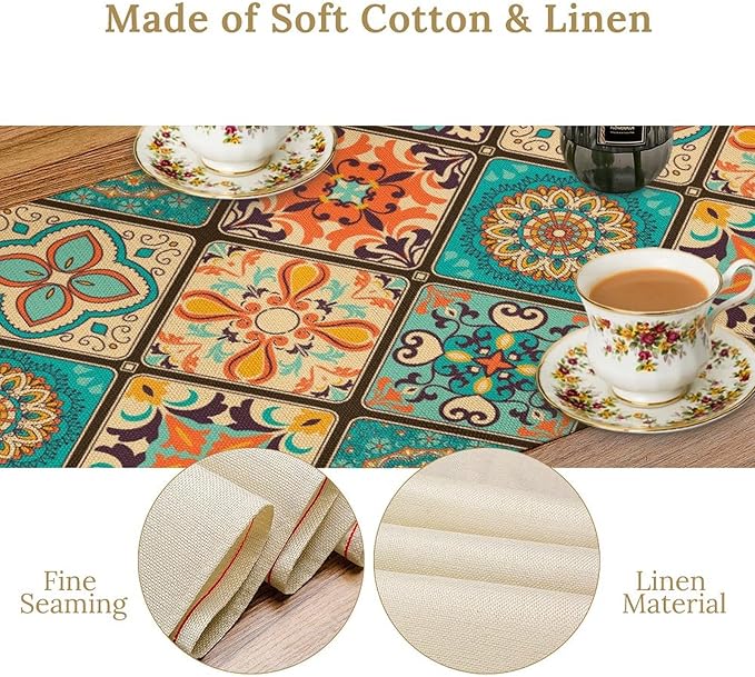 Bohemian Patchwork Table Runnerboho Colorful Tile Patchwork Indian Floral Print Table Runner for Home Kitchen Indoor Outdoor Party Wedding Decor, 13x60inch