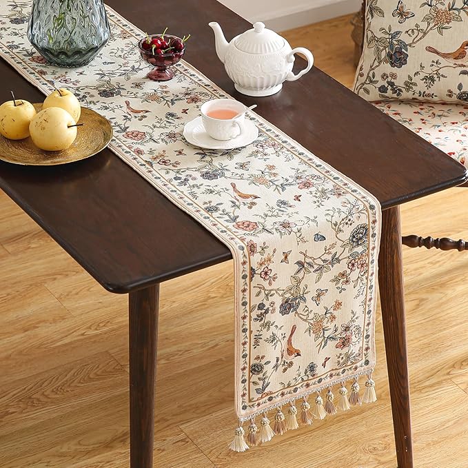 ISAENNE Designer Linen Table Runner 102 Inches Long,Elegant Floral Bird Pattern Table Runners for Dining Room,Farmhouse Rustic Kitchen Decor,Thanksgiving,Christmas,12"*102"-Cornucopia