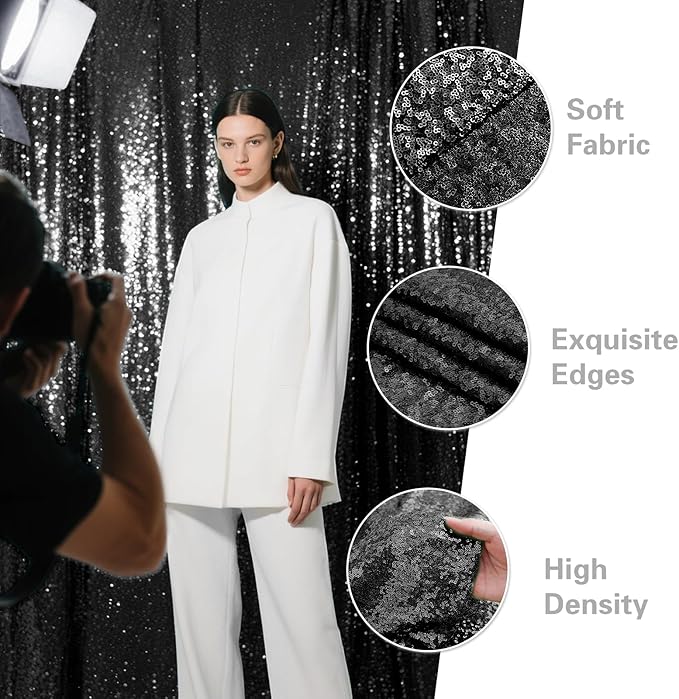 Black Sequin Backdrop Curtain 4 Pieces 2FTx8FT Glitter Photography Backdrop for Party Wedding Birthday Christmas Decorations