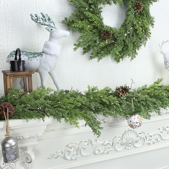 Christmas Garland 6 Ft Dark Green Cypress with Pinecones and White Beads