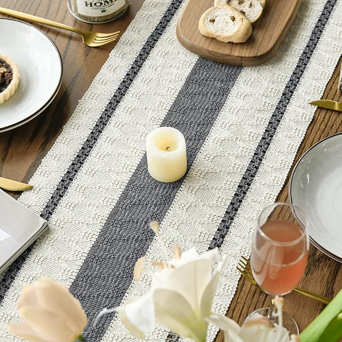 Artoid Mode Dark Grey Farmhouse Woven Rustic Table Runner, Seasonal Holiday Hollow Kitchen Dining Table Decoration for Home Party Decor 12x120 Inch