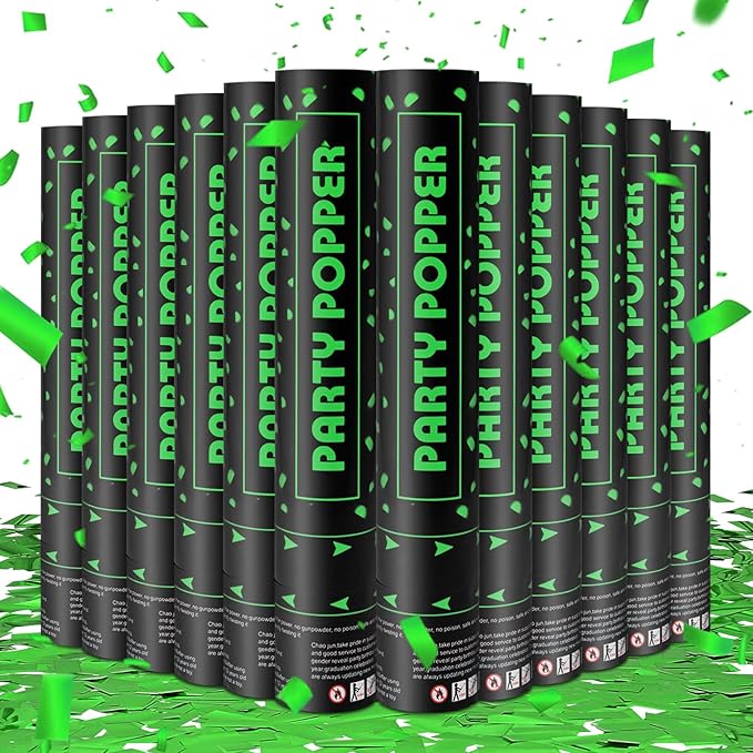 Party Poppers Confetti Cannon 12 Pack Green Poppers 12 Inch Party Shooters Mylar Confetti Green Foil Confetti Cannons Bulk for Wedding Birthday Graduation Baby Shower Christmas New Year