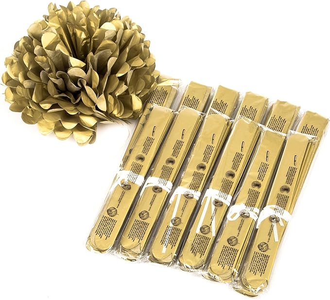Tissue Pom Poms, Gold Glitter Paper, 12 Pack in 10 and 12 Inch
