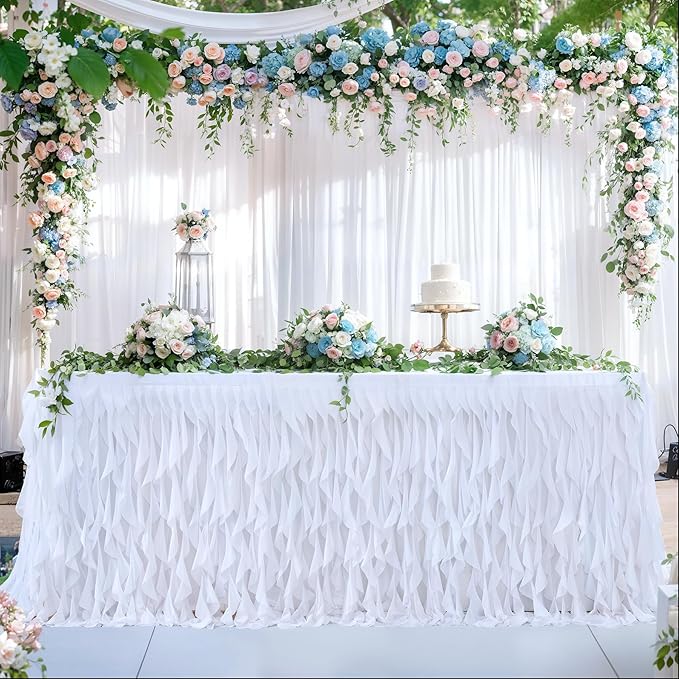 Partisky White Tulle Curly Willow Table Skirt for Rectangle Table 17ft, Ruffle Tutu Table Cloth for Wedding,Bridal Shower, Baby Shower,Birthday Party