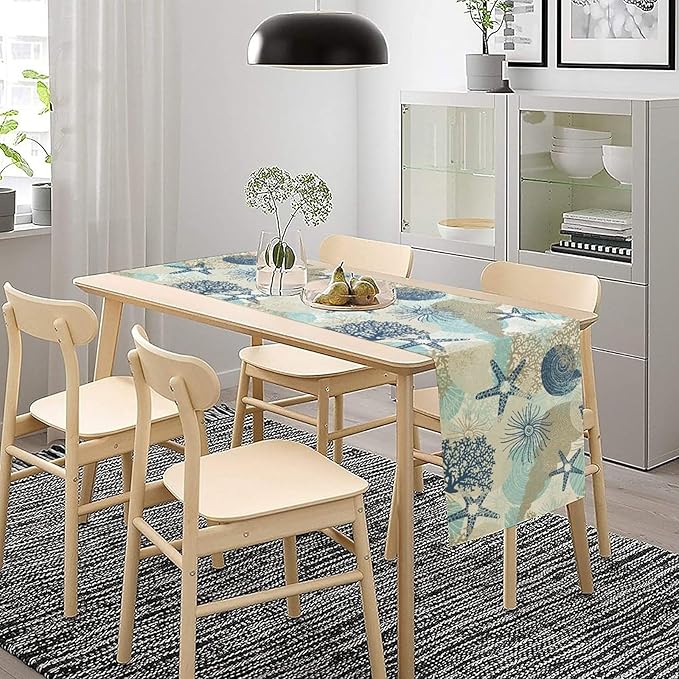 Nautical Coastal Table Runner，Ocean Themed Starfish Coral Conch Beach Kitchen Dinning Table Decoration for Indoor Outdoor Home Party Decor 13x36 Inch