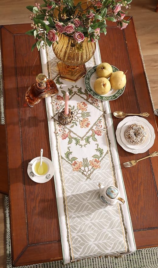 patdrea Designer Elegant French Floral Velvet Table Runner 102 Inch Long,Green with Orange Blossoms Pattern Table Mat, Decor for Kitchen Dining Coffee Table Cabinet Banquet Thanksgiving,12"*102"