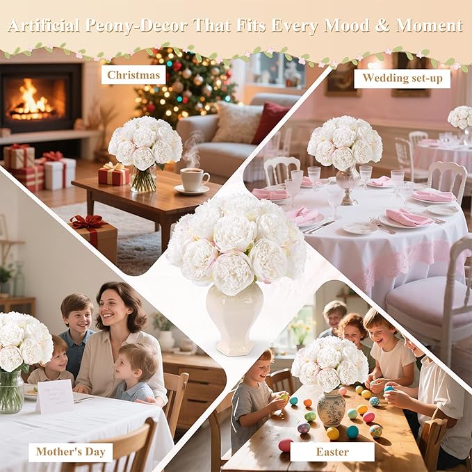 U'Artlines 2 Bouquet 10 Heads Artificial Peony Silk Flower Leaf Home Office Wedding Party Festival Bar Decor (Cream White)