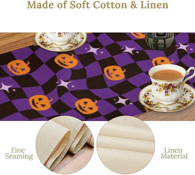 Halloween Table Runner,Purple Checkered Pumpkin Table Runner for Kitchen Dining Table Decoration Home Party Decor 13x108 Inch