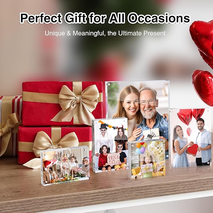 HOUSE DAY Acrylic Picture Frames 4x6, 6 Pack Magnetic 4 x 6 Picture Frame, Double Sided Clear 4x6 Photo Frame with Microfiber Cloth, Frameless FreeStanding 4x6 Frame Gift for Desktop Display