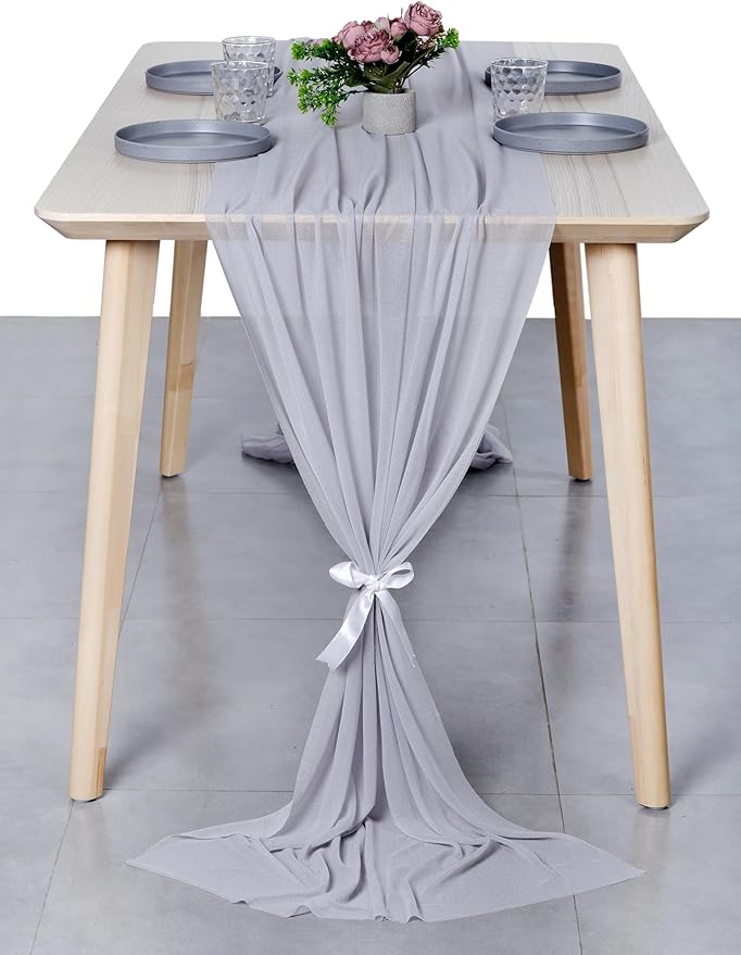 MDS 2 Pack 10ft Chiffon Table Runner 29 x 120 Inches Sheer Wedding Runner Romantic Rustic Table Runner for Wedding Decorations, Birthday Parties, Bridal Shower Party Arch Decor - Cool Gray