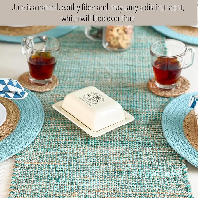 Chardin home Natural Jute Table Runner 13x72 Inch – Vintage Boho Rustic Table Decor – Handwoven Table Runner in Natural Jute and Aqua Turquoise – Farmhouse Dining or Console Table Accent