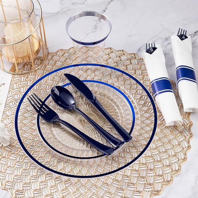 Plates Set for 100 Guests, 700 Pieces, Dark Blue Plastic with Trim