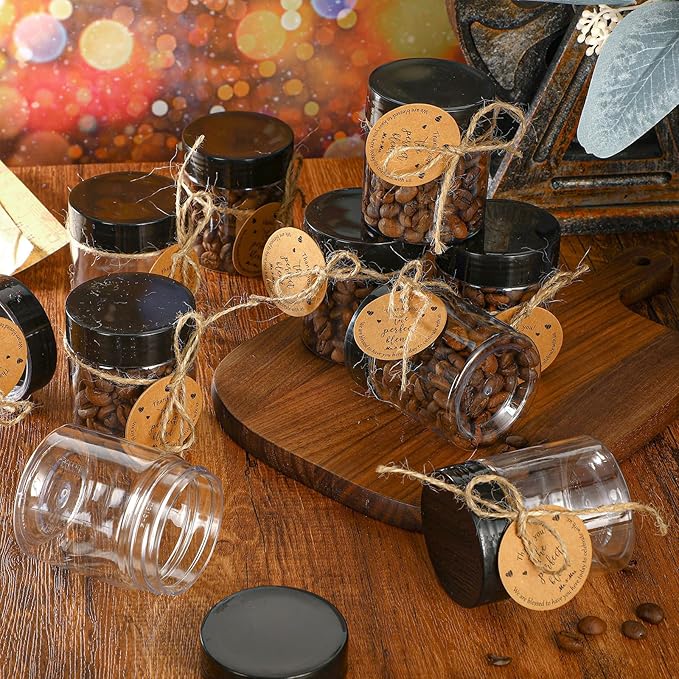 Coffee Bean Decorative Bottles, 50 Clear Plastic Jars with Lids and Cards