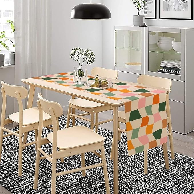 Hippie Table Runner, Vintage Geometric Square Orange Green Pink Grid 60s 70s Style Kitchen Dining Room Decor for Indoor Outdoor Wedding Party Table Runner 13x90 Inch