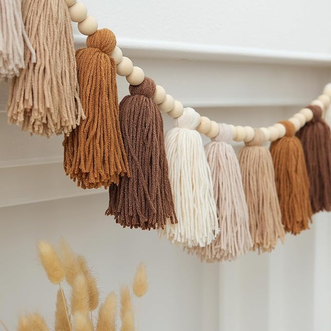 Tassels Garland Boho Terracotta Brown Yarn and Wood Bead Banner
