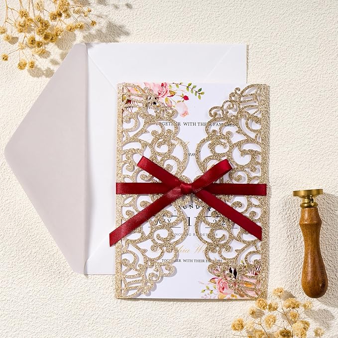 25pcs Personalized Wedding Invitations with Envelopes and RSVP Cards Blank Rose Gold 5×7 Glitter Laser Cut Invitation Pockets for Wedding Engagement Bridal Shower Birthday Quinceañera Anniversary