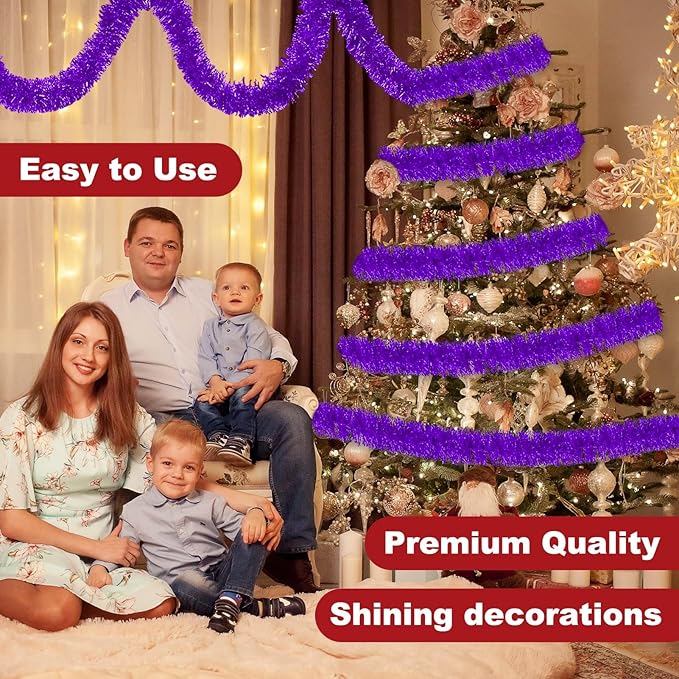 25 Feet Purple Christmas Tinsel Garland, Metallic Foil Twist Banner Wall Hanging Tinsel Streamers Backdrop for Parade Floats, Christmas, Mother's Day, Birthday Party Decorations(4in x 25ft)