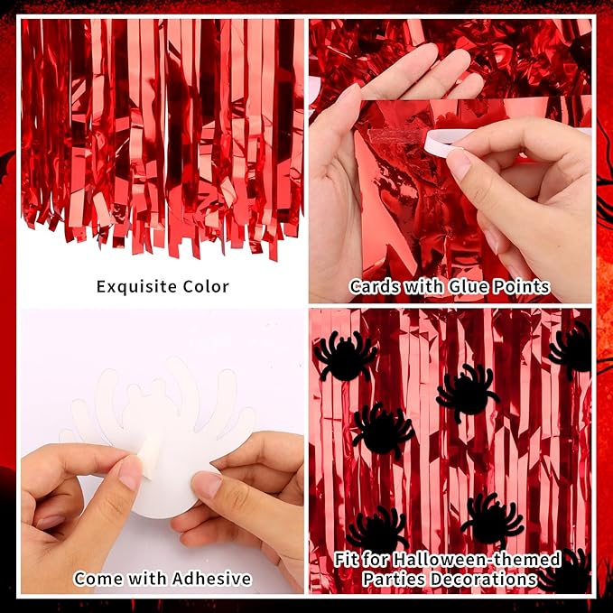 28x106 Inch Red Sequin Tablecloth for Halloween Decorations, Metallic Tinsel Foil Fringe Table Skirt, Rectangle or Round Tables Decor, Table Cover, Spider Decorations for Halloween Party
