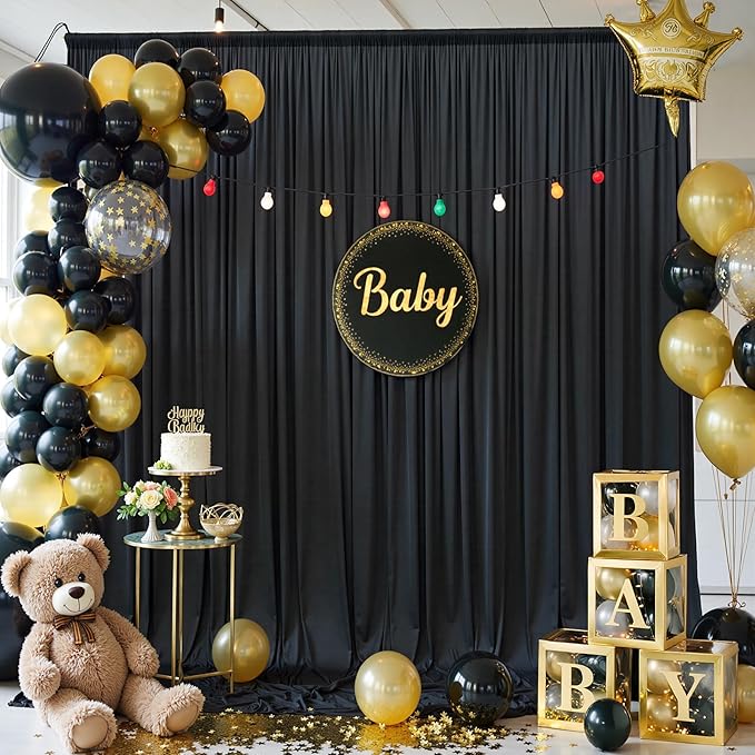 20x12ft Wrinkle Free Black Backdrop Curtain for Wedding Parties, 4 Panels 5×12 ft Long Soft Silky Polyester Fabric Backdrop Drapes Black Photo Back Drop Curtains for Party Photography Background Cloth