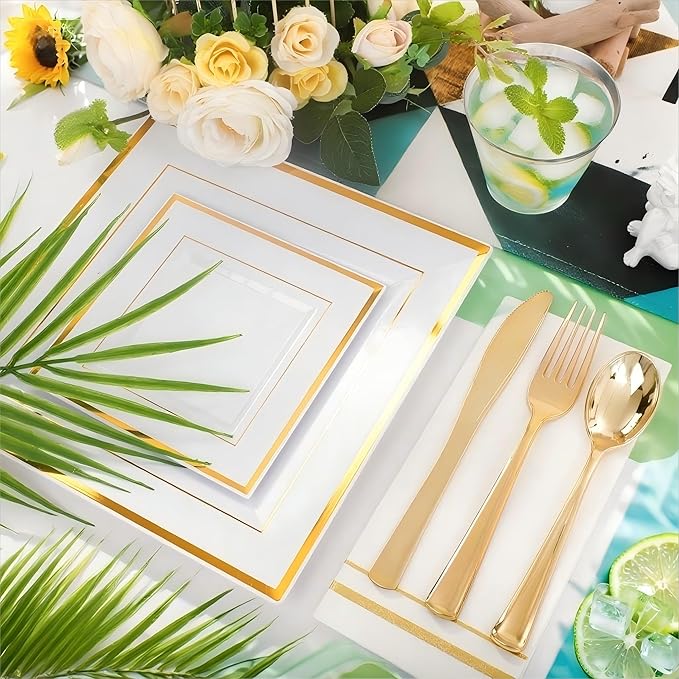 Disposable Plates Set, Square Gold, 350 Pieces for 50 Guests