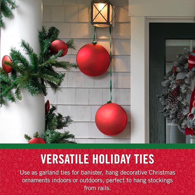 VELCRO Brand Holiday Garland Ties or Cable Straps | Hang Garlands, Lights or Wreath | for Banister, Railings, Stairs or Lamp Posts | 30ft Roll Cut to Custom Length | Green