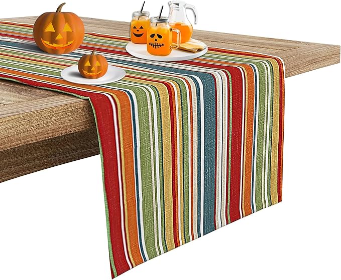 Ruvanti 100% Cotton Table Runner 60 Inches Long, Non-Slip, Stain Resistant, Washable & Reusable Table Runners Perfect for Wedding, Parties, Christmas, Holiday, in-Door use - Multi Stripe