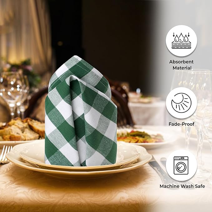Cloth Dinner Napkins, Square 100% Cotton in Hunter and White Checkered