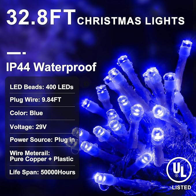 KNONEW Christmas Lights Outdoor Decorations 400 LED 33ft 8 Modes Curtain String Light with 75 Drops, Clear Wire LED Fairy Light Indoor Decor for Wedding Party Christmas Decorations(Blue)