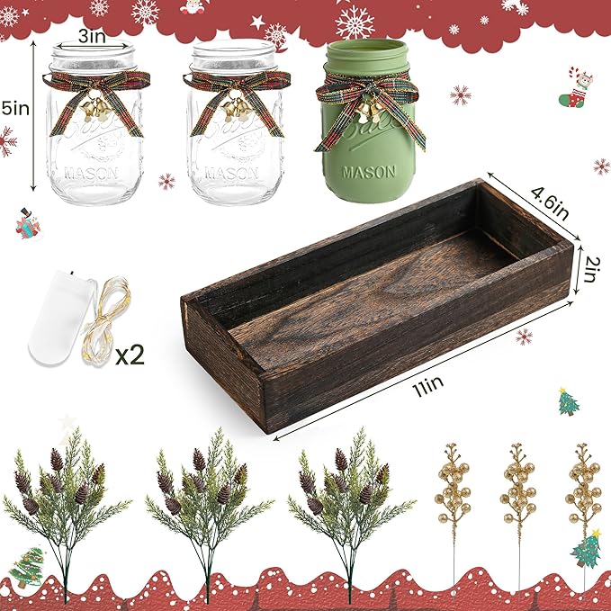 3 Pcs Mason Jar Centerpiece Decorations for Christmas Table Decor Farmhouse Coffee Table Decor Christmas Kitchen and Room Decor,Green