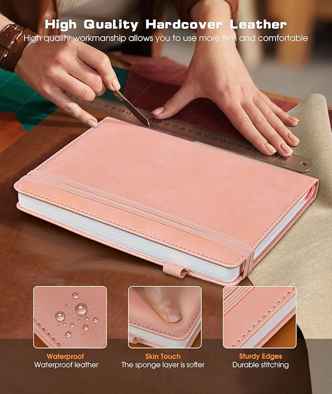 Lined Journal Notebook for Women Men, 256 Numbered Pages Hardcover Leather Journals for Writing, A5 Journaling Notebooks, College Ruled Journal for Business Work School 5.75" x 8.38" Pink leather