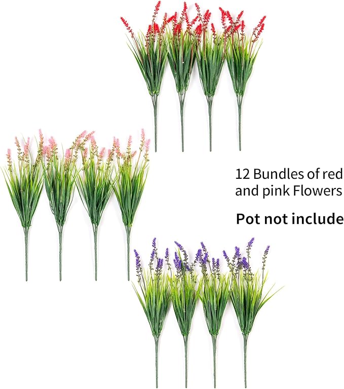 Artificial Monkey Grass Greenery, 12 Bundles, Red, Purple and Pink