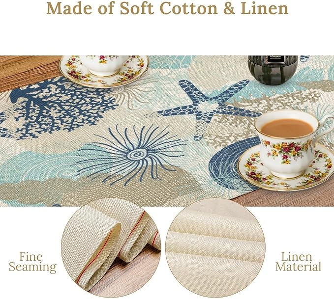 Nautical Coastal Table Runner，Ocean Themed Starfish Coral Conch Beach Kitchen Dinning Table Decoration for Indoor Outdoor Home Party Decor 13x70 Inch