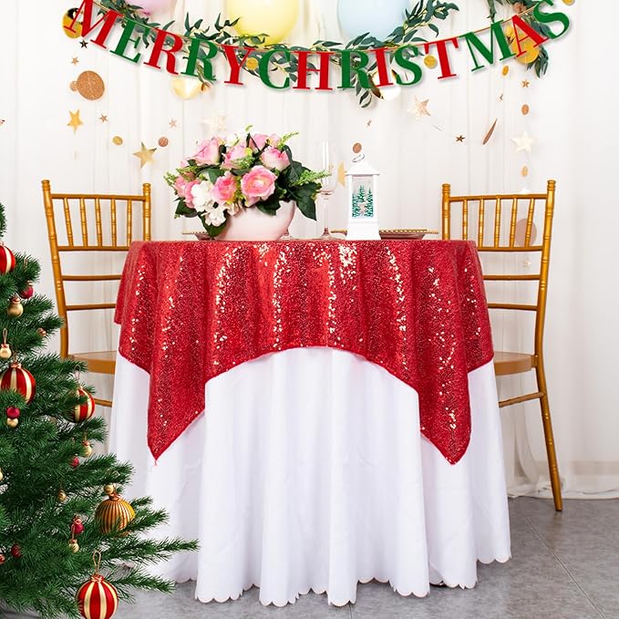 ShinyBeauty Red Table Cloths for Christmas 2 Packs, 72X72 Inch Sequin Tablecloths Square Shimmer Table Cloth Overlay Red Tablecloth for Wedding, Birthday Tables