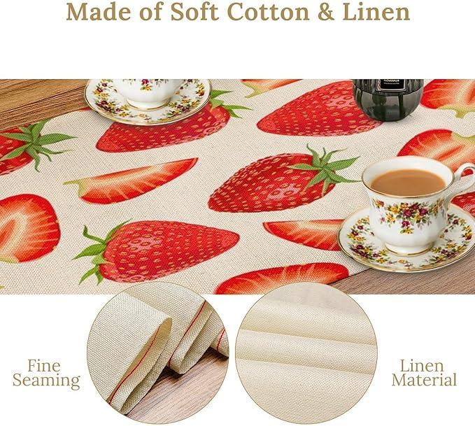 Strawberry Table Runner Spring Summer Wild Berry Fruit Theme Dinner Runner for Girl Baby Shower Party Holiday Home Kitchen Dining Table Decor 13x36