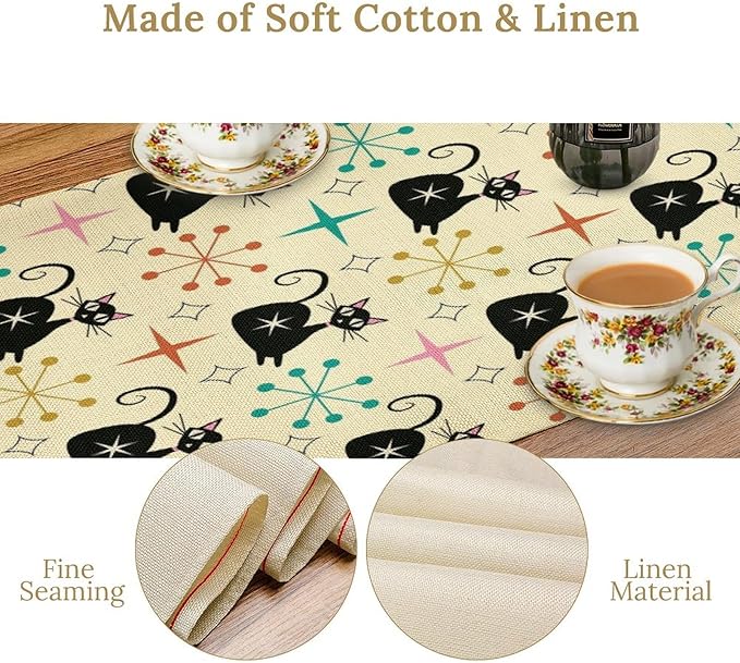 Mid Cat Table Runner, Vintage Black Cat and Atomic Stars 1950s 1960s Abstract Geometric Space Pattern Table Decoration for Home Kitchen Restaurant 13x90 Inches