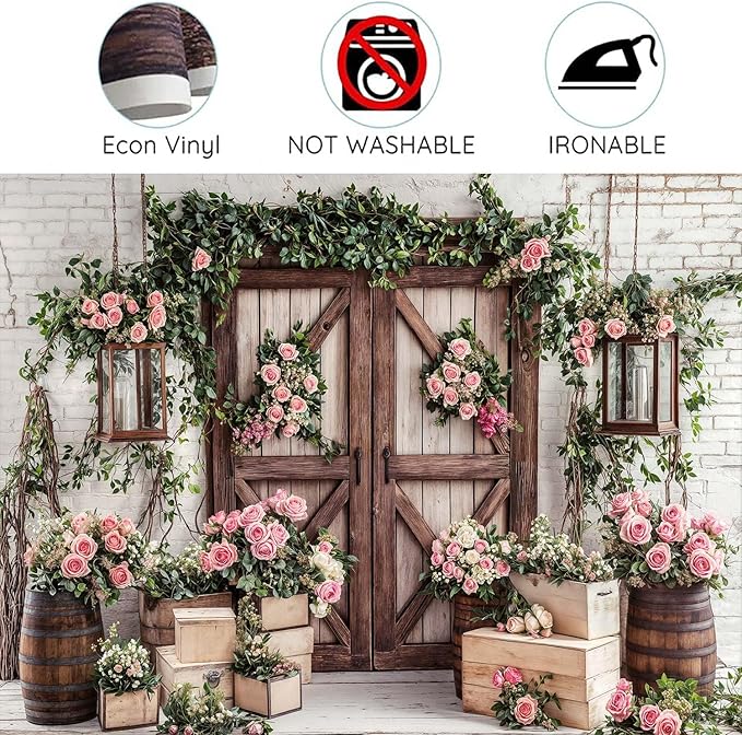 8x6ft Country Wedding Photography Backdrop Floral Rustic Roses Farmhouse Wooden Door Backdrop Pink Flower Birthday Baby Shower Wedding Bridal Party Banner Photo Booth Props Anniversary Background