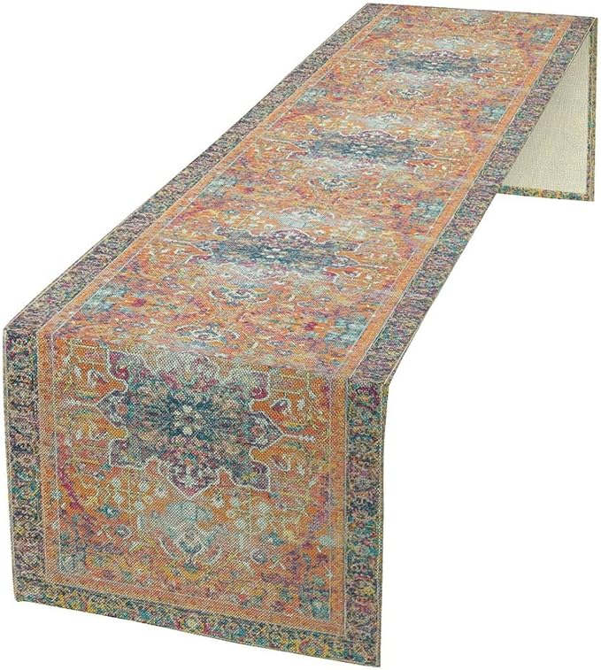 Boho Floral Vintage Table Runner, Orange Retro Flower Rustic Country Farmhouse Abstract Pattern for Home Kitchen Table Decor Dining Coffee Room Party Decor 13x60in