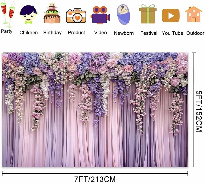 7x5ft Purple Flower Wedding Photography Backdrop Lavender Floral Wedding Bridal Photography Backdrop Anniversary Birthday Baby Shower Girl Party Banner Photo Booth Props Background Wall Decor