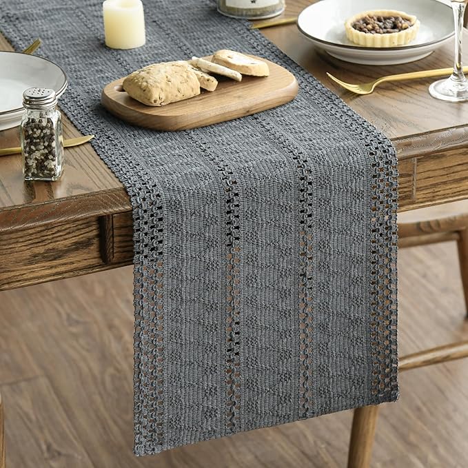 Artoid Mode Dark Grey Farmhouse Woven Rustic Hollow Table Runner, Seasonal Holiday Hollow Kitchen Dining Table Decoration for Home Party Decor 12x48 Inch