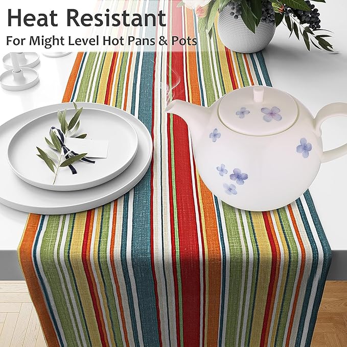 Ruvanti 100% Cotton Table Runner 60 Inches Long, Non-Slip, Stain Resistant, Washable & Reusable Table Runners Perfect for Wedding, Parties, Christmas, Holiday, in-Door use - Multi Stripe